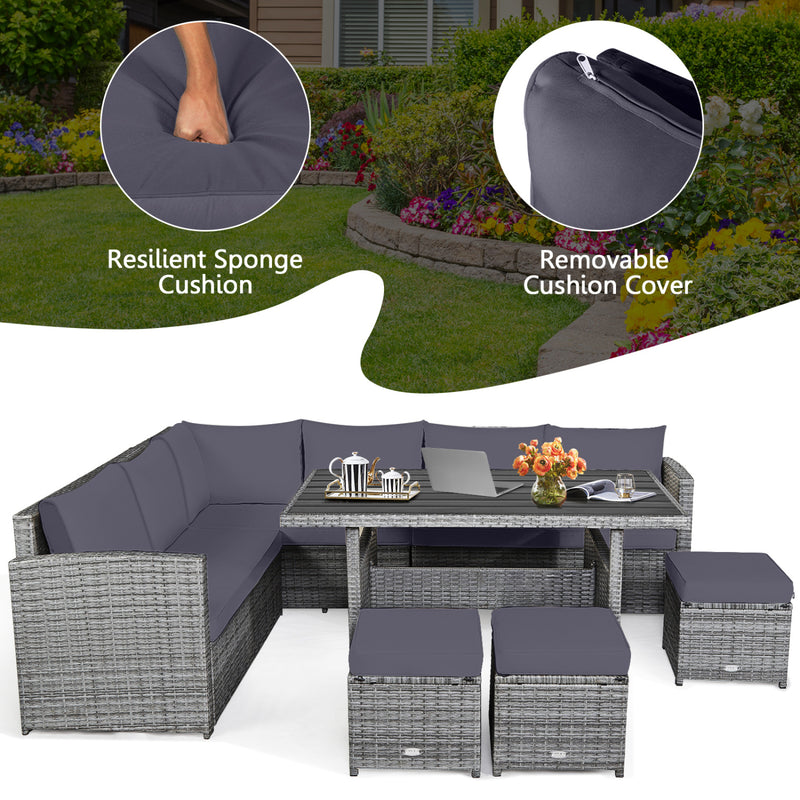 Costway - 7 Pieces Patio Rattan Dining Furniture Sectional Sofa Set with Wicker Ottoman-Gray
