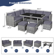 Costway - 7 Pieces Patio Rattan Dining Furniture Sectional Sofa Set with Wicker Ottoman-Gray