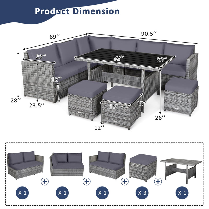 Costway - 7 Pieces Patio Rattan Dining Furniture Sectional Sofa Set with Wicker Ottoman-Gray