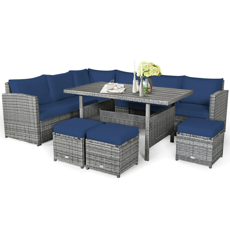 Costway - 7 Pieces Patio Rattan Dining Furniture Sectional Sofa Set with Wicker Ottoman-Navy