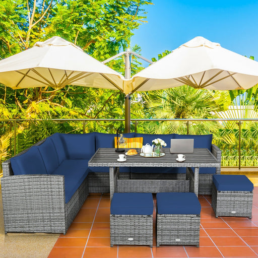 Costway - 7 Pieces Patio Rattan Dining Furniture Sectional Sofa Set with Wicker Ottoman-Navy