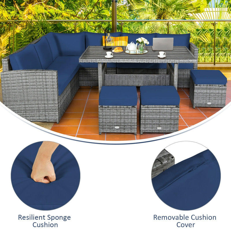 Costway - 7 Pieces Patio Rattan Dining Furniture Sectional Sofa Set with Wicker Ottoman-Navy