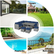 Costway - 7 Pieces Patio Rattan Dining Furniture Sectional Sofa Set with Wicker Ottoman-Navy