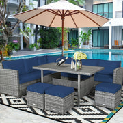 Costway - 7 Pieces Patio Rattan Dining Furniture Sectional Sofa Set with Wicker Ottoman-Navy