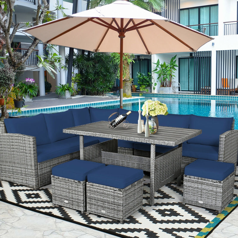 Costway - 7 Pieces Patio Rattan Dining Furniture Sectional Sofa Set with Wicker Ottoman-Navy