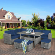 Costway - 7 Pieces Patio Rattan Dining Furniture Sectional Sofa Set with Wicker Ottoman-Navy