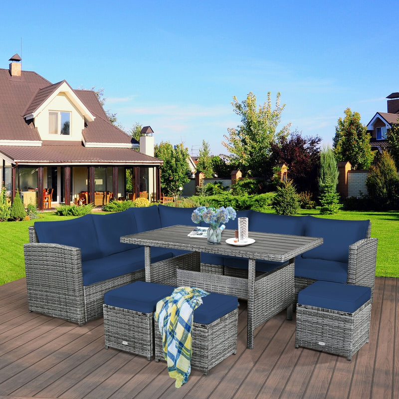 Costway - 7 Pieces Patio Rattan Dining Furniture Sectional Sofa Set with Wicker Ottoman-Navy