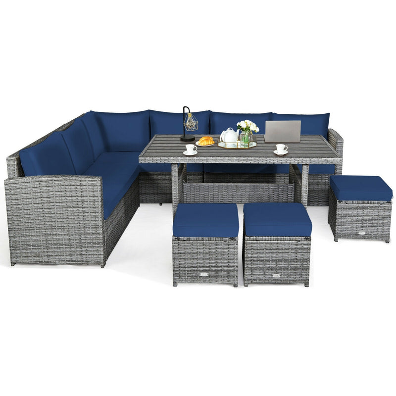 Costway - 7 Pieces Patio Rattan Dining Furniture Sectional Sofa Set with Wicker Ottoman-Navy