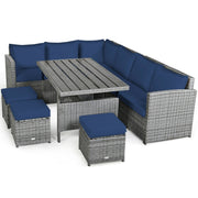 Costway - 7 Pieces Patio Rattan Dining Furniture Sectional Sofa Set with Wicker Ottoman-Navy