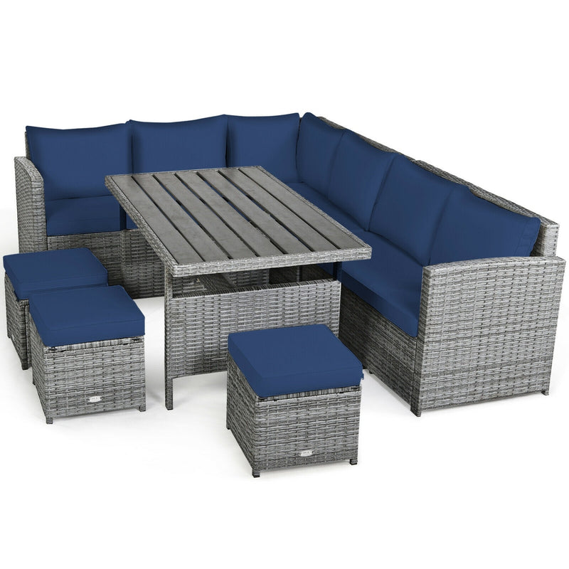 Costway - 7 Pieces Patio Rattan Dining Furniture Sectional Sofa Set with Wicker Ottoman-Navy