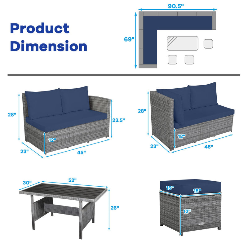 Costway - 7 Pieces Patio Rattan Dining Furniture Sectional Sofa Set with Wicker Ottoman-Navy