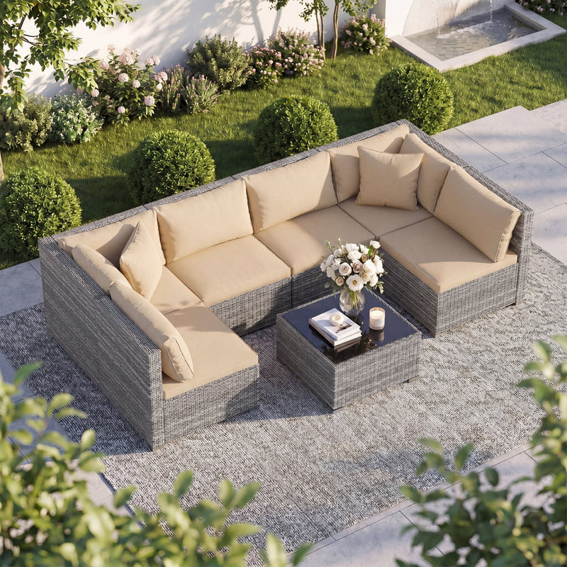 Costway - 7 Pieces Patio Rattan Furniture Set with Sectional Sofa Cushioned-Beige