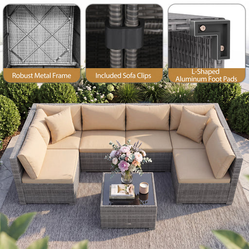 Costway - 7 Pieces Patio Rattan Furniture Set with Sectional Sofa Cushioned-Beige