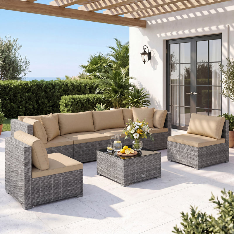 Costway - 7 Pieces Patio Rattan Furniture Set with Sectional Sofa Cushioned-Beige