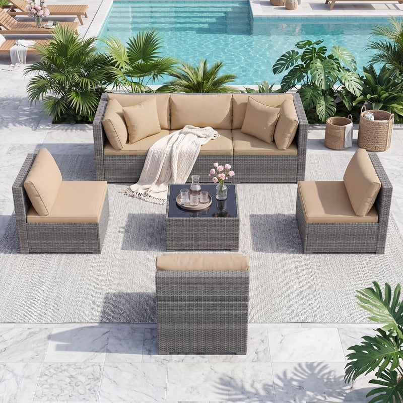 Costway - 7 Pieces Patio Rattan Furniture Set with Sectional Sofa Cushioned-Beige