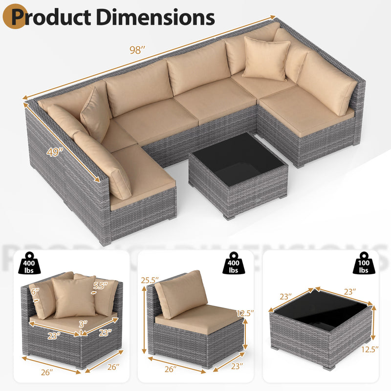 Costway - 7 Pieces Patio Rattan Furniture Set with Sectional Sofa Cushioned-Beige