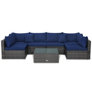 Costway - 7 Pieces Patio Rattan Furniture Set Sectional Sofa Garden Cushion-Navy