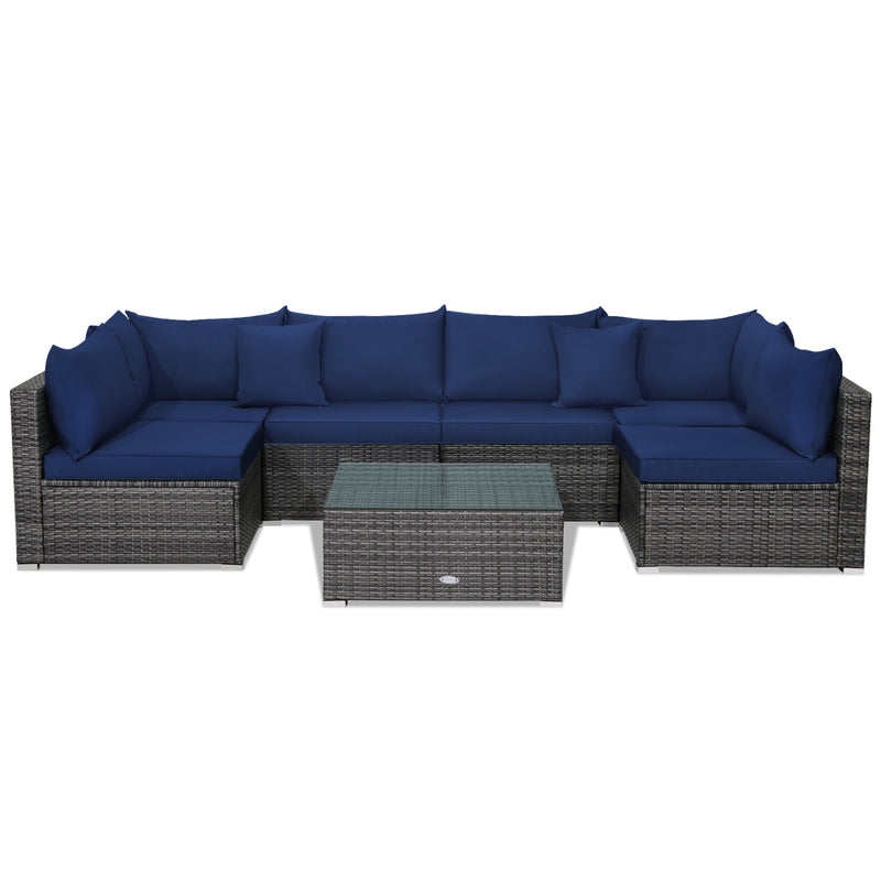 Costway - 7 Pieces Patio Rattan Furniture Set Sectional Sofa Garden Cushion-Navy