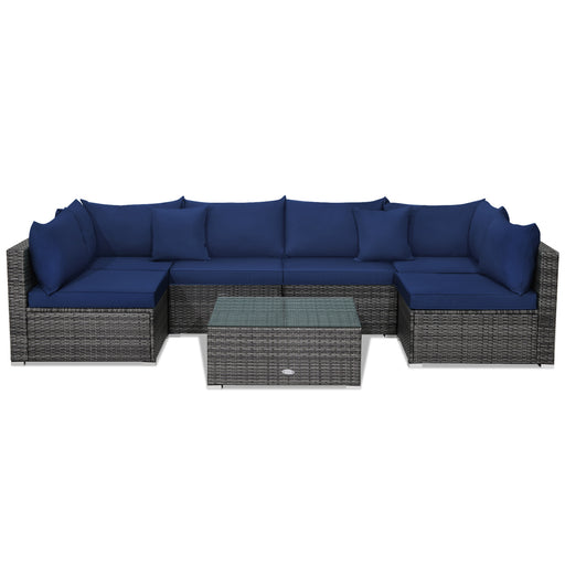 Costway - 7 Pieces Patio Rattan Furniture Set Sectional Sofa Garden Cushion-Navy
