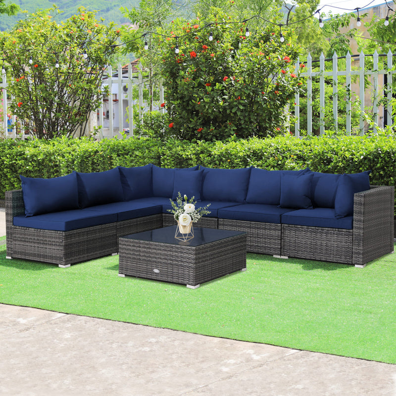 Costway - 7 Pieces Patio Rattan Furniture Set Sectional Sofa Garden Cushion-Navy