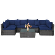 Costway - 7 Pieces Patio Rattan Furniture Set Sectional Sofa Garden Cushion-Navy