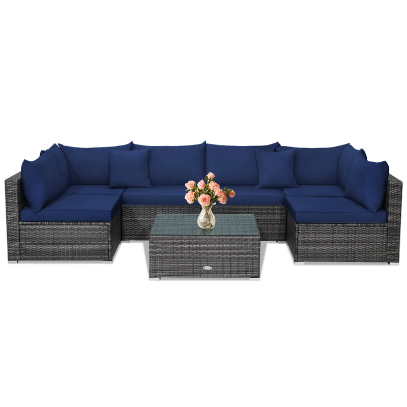 Costway - 7 Pieces Patio Rattan Furniture Set Sectional Sofa Garden Cushion-Navy
