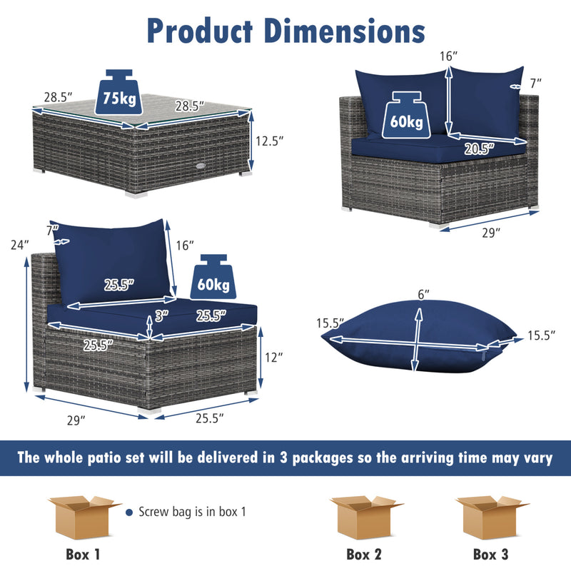 Costway - 7 Pieces Patio Rattan Furniture Set Sectional Sofa Garden Cushion-Navy