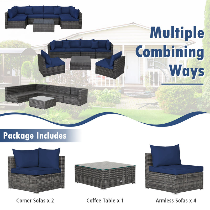Costway - 7 Pieces Patio Rattan Furniture Set Sectional Sofa Garden Cushion-Navy
