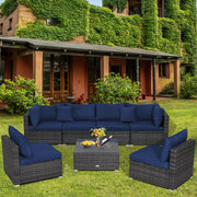 Costway - 7 Pieces Patio Rattan Furniture Set Sectional Sofa Garden Cushion-Navy