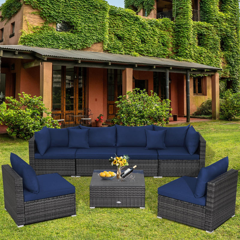 Costway - 7 Pieces Patio Rattan Furniture Set Sectional Sofa Garden Cushion-Navy