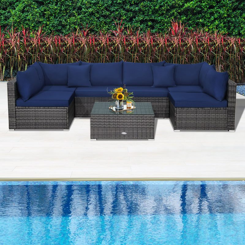 Costway - 7 Pieces Patio Rattan Furniture Set Sectional Sofa Garden Cushion-Navy