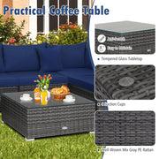 Costway - 7 Pieces Patio Rattan Furniture Set Sectional Sofa Garden Cushion-Navy