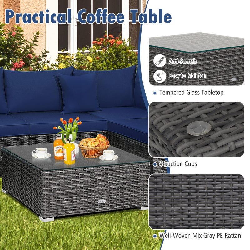 Costway - 7 Pieces Patio Rattan Furniture Set Sectional Sofa Garden Cushion-Navy