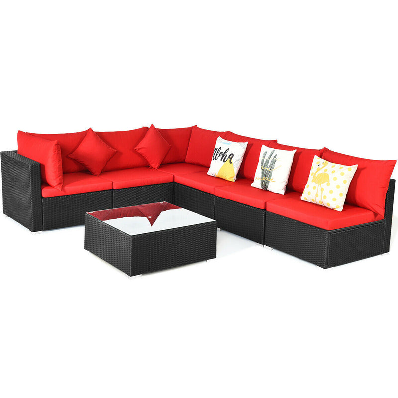 Costway - 7 Pieces Sectional Wicker Furniture Sofa Set with Tempered Glass Top-Red