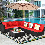 Costway - 7 Pieces Sectional Wicker Furniture Sofa Set with Tempered Glass Top-Red