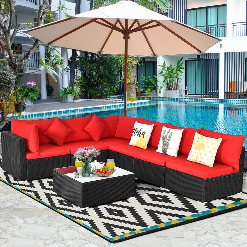 Costway - 7 Pieces Sectional Wicker Furniture Sofa Set with Tempered Glass Top-Red