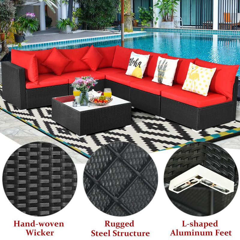 Costway - 7 Pieces Sectional Wicker Furniture Sofa Set with Tempered Glass Top-Red
