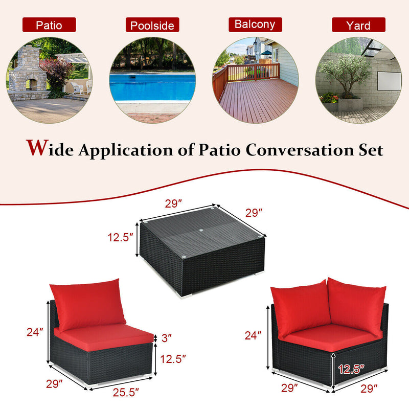 Costway - 7 Pieces Sectional Wicker Furniture Sofa Set with Tempered Glass Top-Red