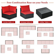 Costway - 7 Pieces Sectional Wicker Furniture Sofa Set with Tempered Glass Top-Red