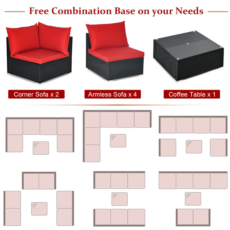 Costway - 7 Pieces Sectional Wicker Furniture Sofa Set with Tempered Glass Top-Red