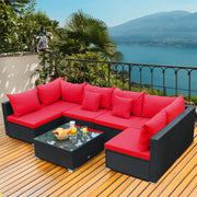 Costway - 7 Pieces Sectional Wicker Furniture Sofa Set with Tempered Glass Top-Red