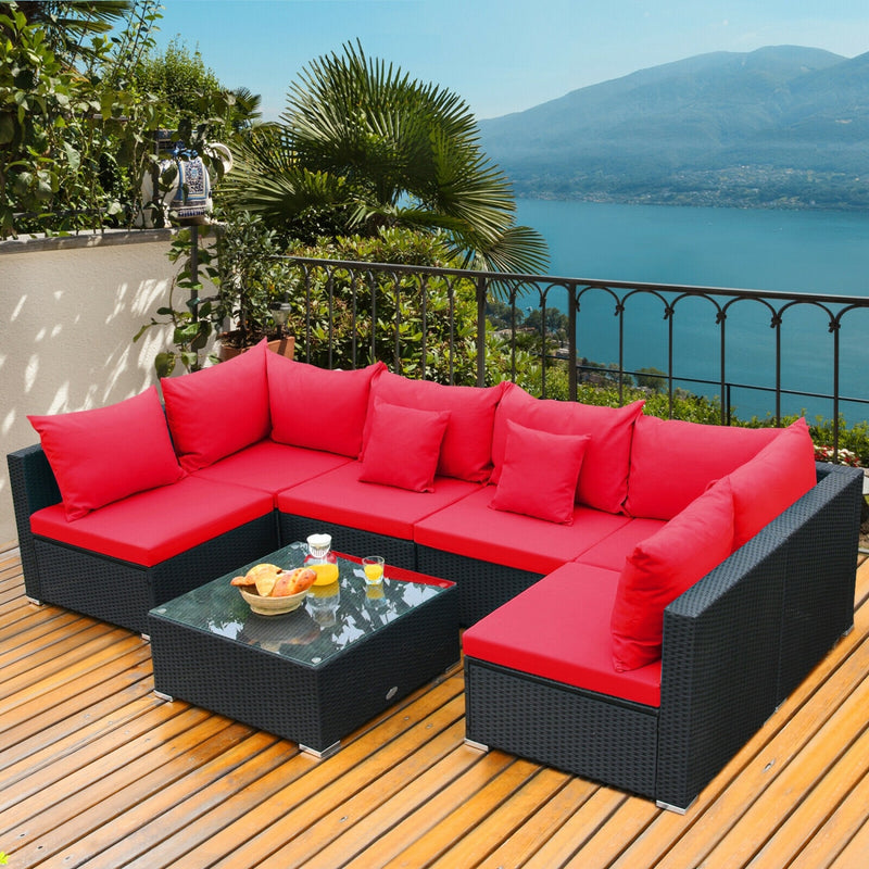 Costway - 7 Pieces Sectional Wicker Furniture Sofa Set with Tempered Glass Top-Red