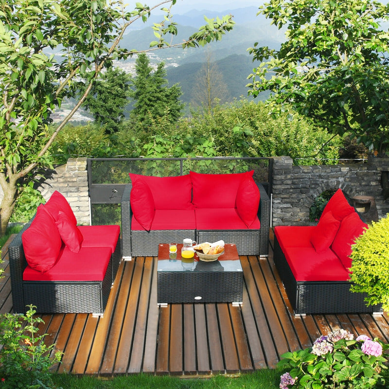 Costway - 7 Pieces Sectional Wicker Furniture Sofa Set with Tempered Glass Top-Red