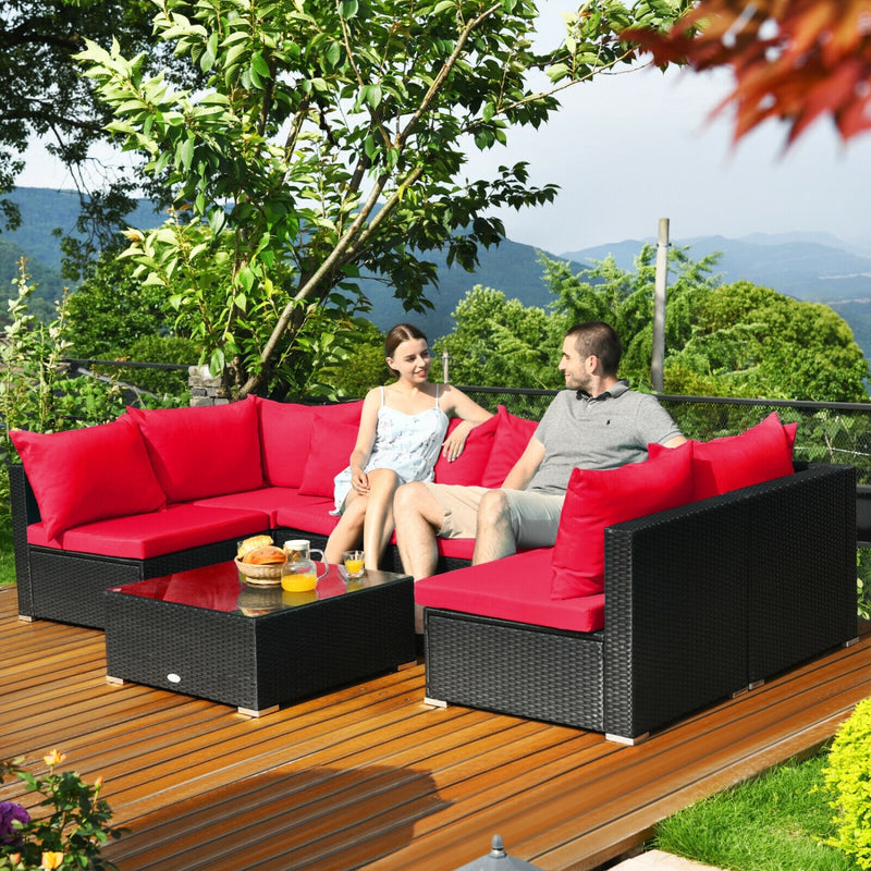 Costway - 7 Pieces Sectional Wicker Furniture Sofa Set with Tempered Glass Top-Red