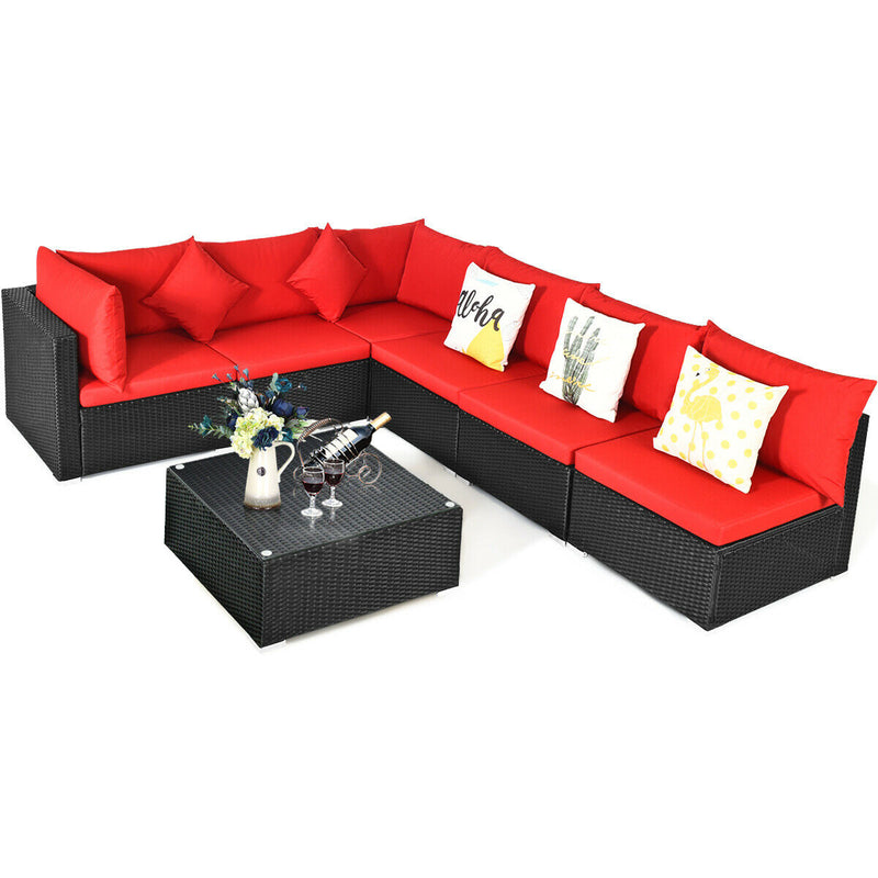 Costway - 7 Pieces Sectional Wicker Furniture Sofa Set with Tempered Glass Top-Red