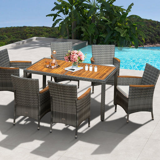 Costway - 7 Pieces Patio Acacia Wood Cushioned PE Rattan Wicker Dining Set