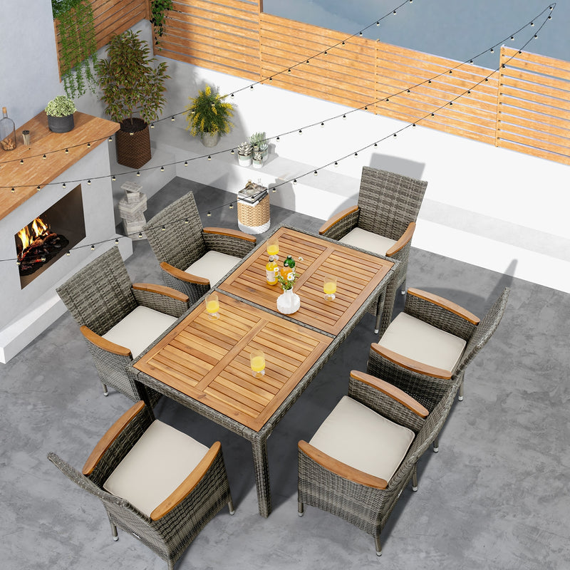 Costway - 7 Pieces Patio Acacia Wood Cushioned PE Rattan Wicker Dining Set