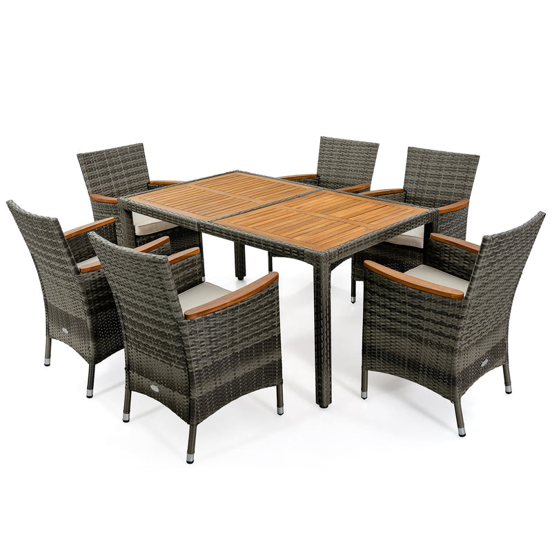 Costway - 7 Pieces Patio Acacia Wood Cushioned PE Rattan Wicker Dining Set