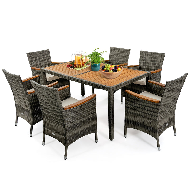Costway - 7 Pieces Patio Acacia Wood Cushioned PE Rattan Wicker Dining Set