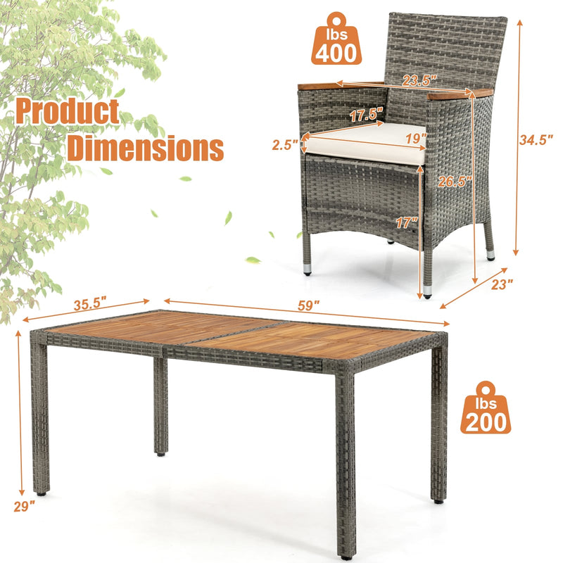 Costway - 7 Pieces Patio Acacia Wood Cushioned PE Rattan Wicker Dining Set
